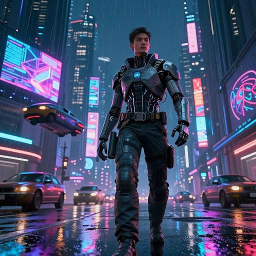 Futuristic Cyborg in Neon Cyberpunk City