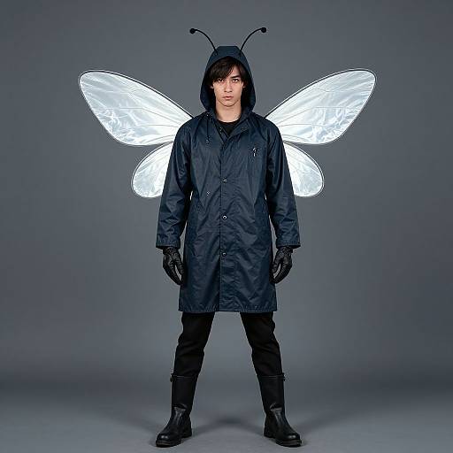 Photograph of a young man in a black hooded raincoat with glowing white butterfly wings, black gloves, and boots, standing against a gray background