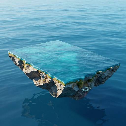 Photorealistic CGI of a floating, rectangular, rocky island with green vegetation on edges, surrounded by calm, blue ocean water.