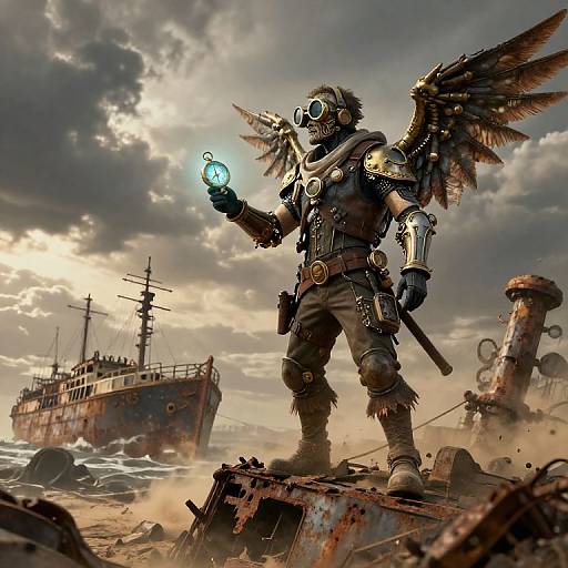 Cyborg angel with wings and gas mask holds glowing orb on rusted shipwrecked deck, stormy sky background. Digital art.