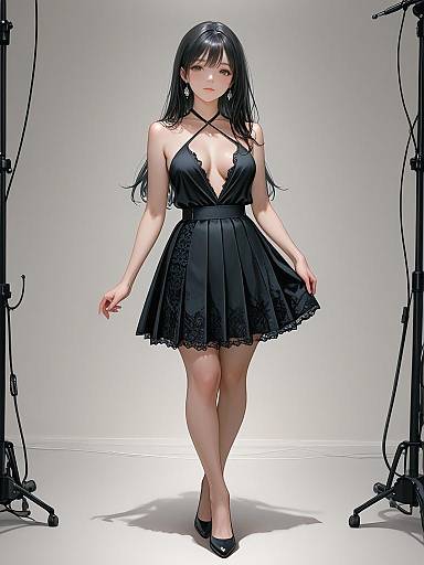 Digital anime-style photograph of a slender young woman with long black hair, wearing a deep V-neck black lace dress and black heels, standing between two studio