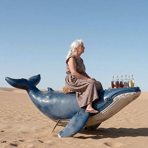 Photograph of an elderly woman with white hair, wearing a brown patterned dress, sitting on a blue inflatable shark in a desert, with various liquor