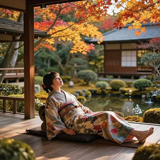 Japanese woman in floral kimono, reclining on wooden porch, autumn leaves, serene garden, pond, traditional wooden house, soft sunlight, peaceful.