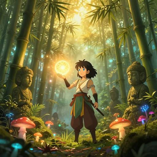 Digital anime-style illustration of a young adventurer with black hair and green sash, glowing hand, surrounded by glowing mushrooms, bamboo forest, and stone statues