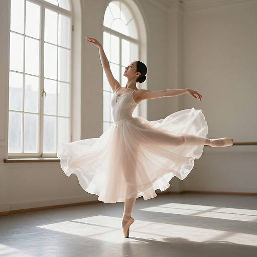 Photograph of a graceful ballerina in a flowing white tutu, poised on pointe, arms elegantly raised, bathed in natural light