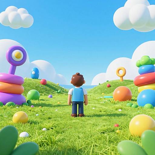 CGI image of a child with brown hair, blue shirt, and jeans standing in vibrant, grassy field with colorful balloons and clouds.