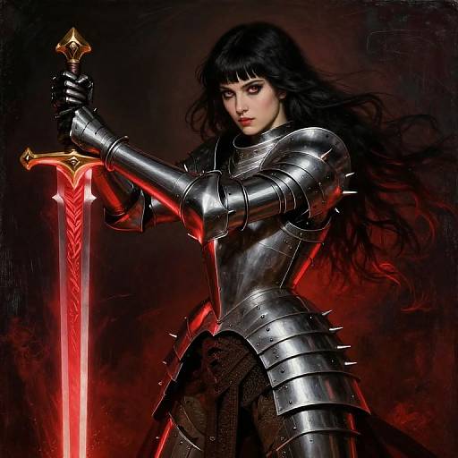 Digital painting of a fierce, pale-skinned woman with long black hair, wearing silver armor, gripping a glowing red sword against a dark background.
