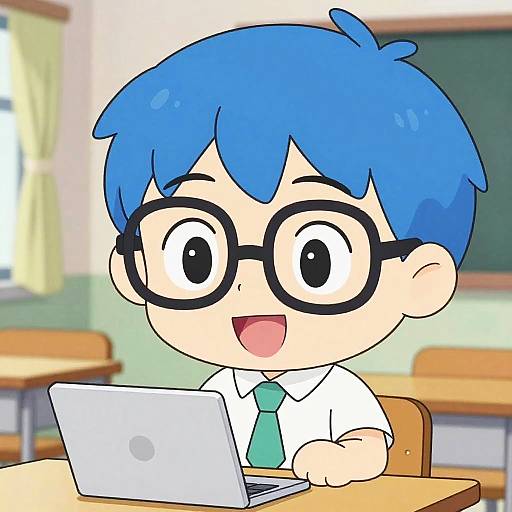 Cheerful Blue-Haired School Cartoon