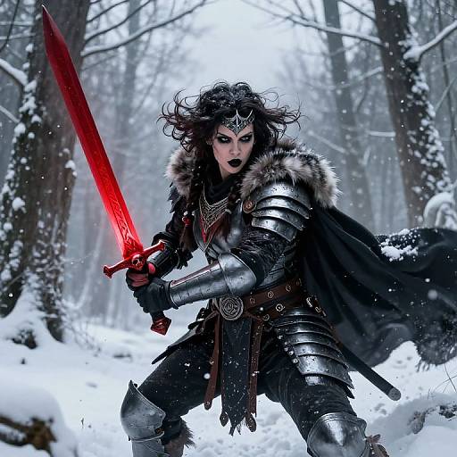 Digital artwork of a fierce dark-haired warrior with wild hair, wielding a glowing red sword in a snowy forest, wearing black armor and a fur-trim