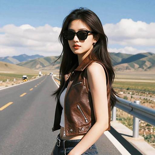 Stylish Woman on Scenic Roadside