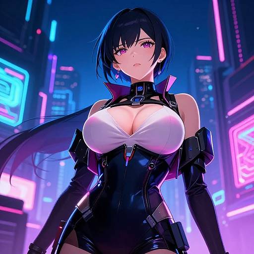 Digital anime artwork of a black-haired, purple-eyed woman with large breasts in a tight, black leather and white top, set in a neon-lit