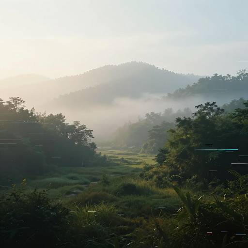 Photograph of a misty, sunlit valley with lush greenery and rolling hills in the background, bathed in soft morning light.