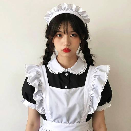 Photograph of an Asian woman with black hair in braids, wearing a black and white French maid outfit with lace, standing against a plain white background