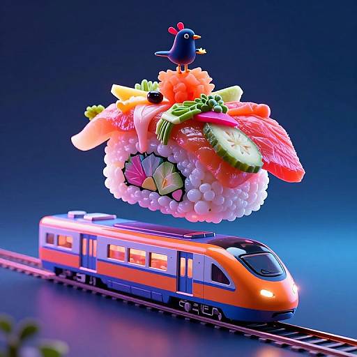 CGI image of a colorful, neon-lit train with a vibrant, sushi-like sculpture featuring a small bird on top, set against a dark blue