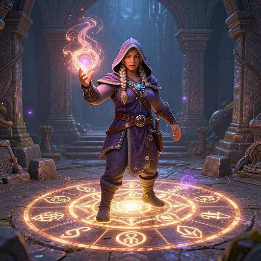 A hooded mage in a mystical, stone archway, holding a glowing, magical flame above an illuminated, runes-circle on the floor. Digital artwork
