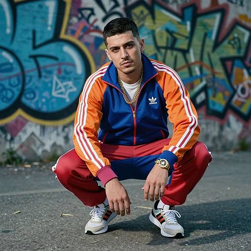 Vibrant Gopnik Tracksuit Squatting Scene
