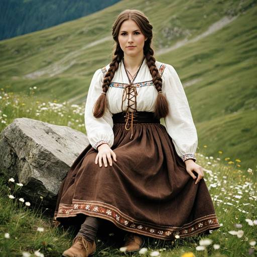 Woman in Traditional Alpine Dress Sitting Outdoors