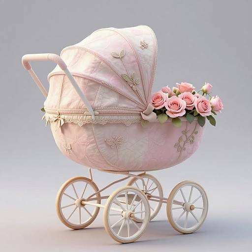 Photograph of a vintage pink baby pram with floral embroidery, white lace trim, and pink roses in the basket, on four white spoked wheels