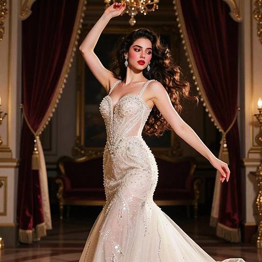 Photograph of a glamorous brunette woman in an elegant, sparkling white mermaid-style wedding dress, posing confidently in an opulent room with rich red curtains