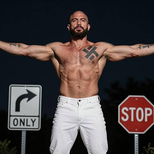 Muscular Man in White Pants with Tattoos