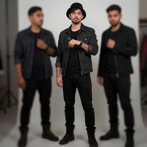 Photograph of a bearded man in a black hat, jacket, and pants, standing center with two blurred men in black attire in the background.