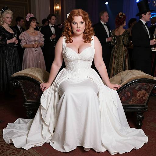 Photograph of a curvy, fair-skinned woman with red curly hair, wearing a white satin wedding dress, seated on an ornate chaise