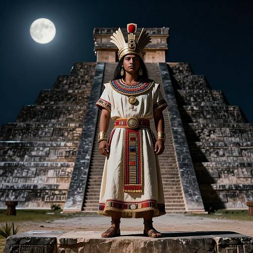 Photograph of an Aztec warrior woman in traditional white and red attire, standing before a pyramid under a full moon.