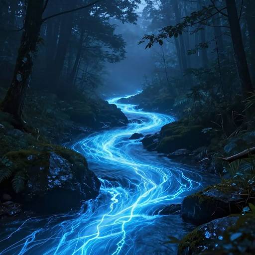 Luminous Electric River in Misty Forest