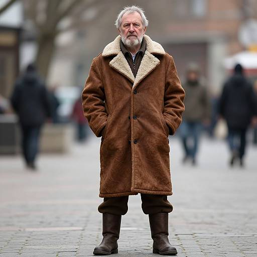 Photograph of an elderly white man with gray beard, wearing a brown shearling-lined coat, standing on a cobblestone street with blurred pedestrians in
