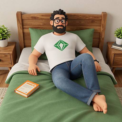 3D-rendered bearded man with glasses, white t-shirt, green diamond logo, blue jeans, relaxed on green-bed, wooden nightstand,