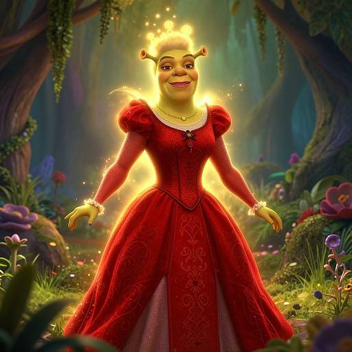 Digital illustration of a fairy-tale princess with glowing crown, red brocade gown, gold jewelry, standing in enchanted forest with vibrant flowers and mystical light
