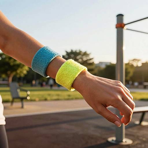 Photograph of a tanned male arm wearing blue and yellow fuzzy wristbands, with sunlit park and blurred background in the distance.