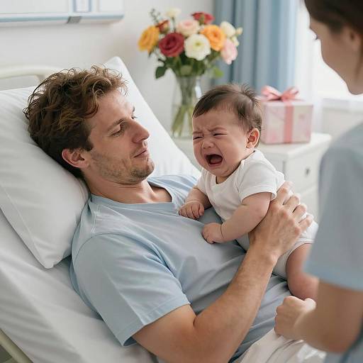 Man Holding Crying Baby in Hospital Bed