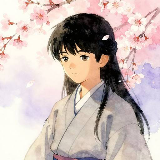 Digital anime-style drawing of a young woman with long black hair, wearing a white kimono, against a background of pink cherry blossoms. Her expression