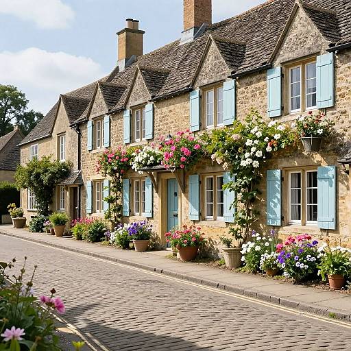 Sunny English Village Cobblestone Street