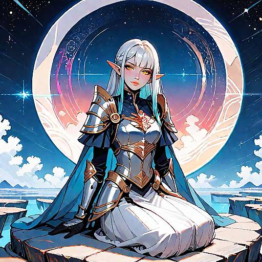 Elven Female Knight in Ornate Armor under Cosmic Moonlight