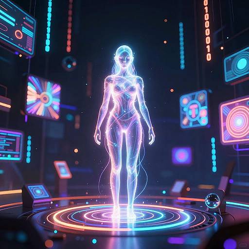 Neon-lit cyber woman silhouette standing on glowing circular platform in futuristic control room with multiple colorful holographic screens.