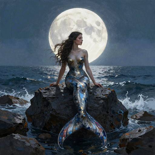 Mermaid by Moonlit Rocky Coastline