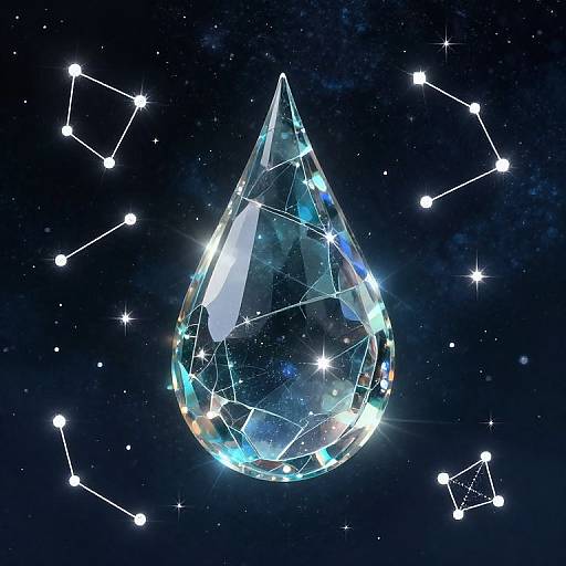 Digital artwork of a sparkling, faceted crystal teardrop against a dark, starry night sky with constellation lines connected by white dots.