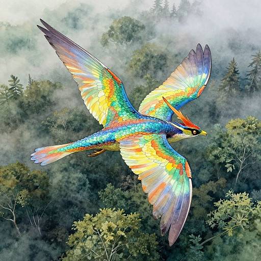 Vibrant, rainbow-colored bird with iridescent feathers glides above misty, dense forest; vivid, detailed digital art showcases bird's majestic
