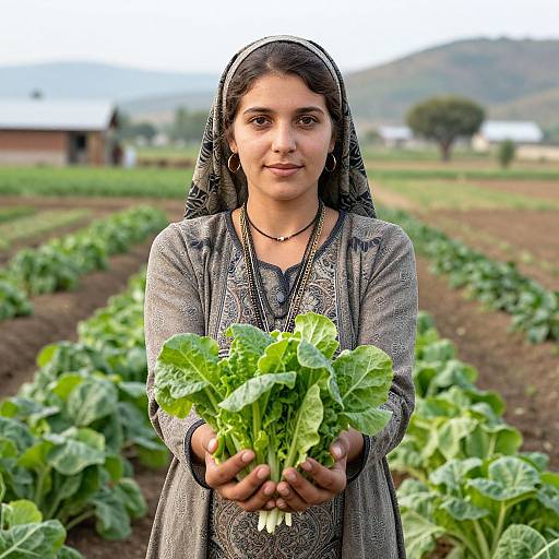 Woman Holding Fresh Greenery in Fields