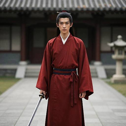 Photograph of a serious East Asian man in a red Korean hanbok, holding a sword, standing on a stone path in front of traditional Korean