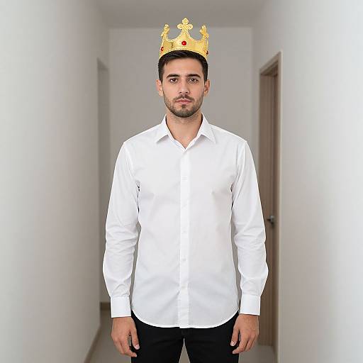 Photograph of a bearded man with short dark hair, wearing a white button-up shirt and black pants, standing in a white hallway, with a