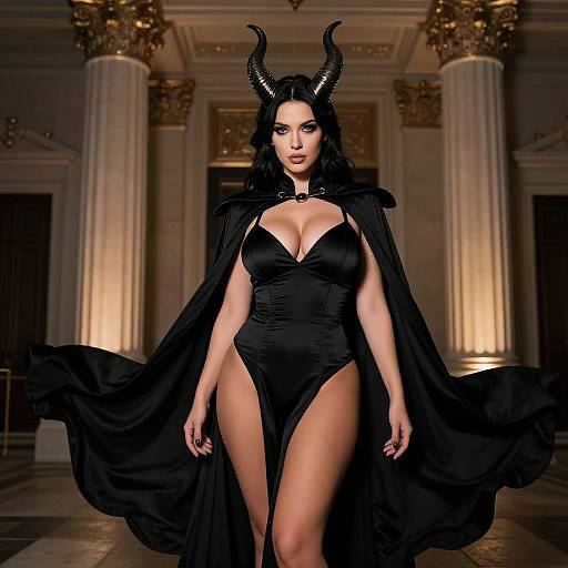 Photograph of a confident, dark-haired woman with black horns, wearing a revealing black dress and cape, standing in a grand, ornate hall.
