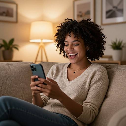 Photograph of a smiling Black woman with curly hair, wearing a beige sweater and blue jeans, sitting on a couch, laughing at her smartphone in a