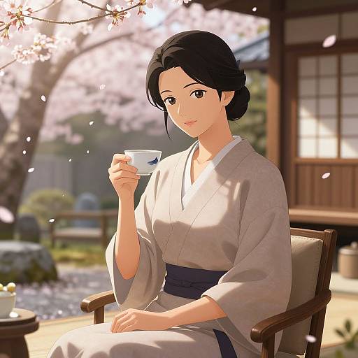 Digital anime-style illustration of a smiling woman in a beige kimono, holding a teacup, seated outdoors under cherry blossoms.