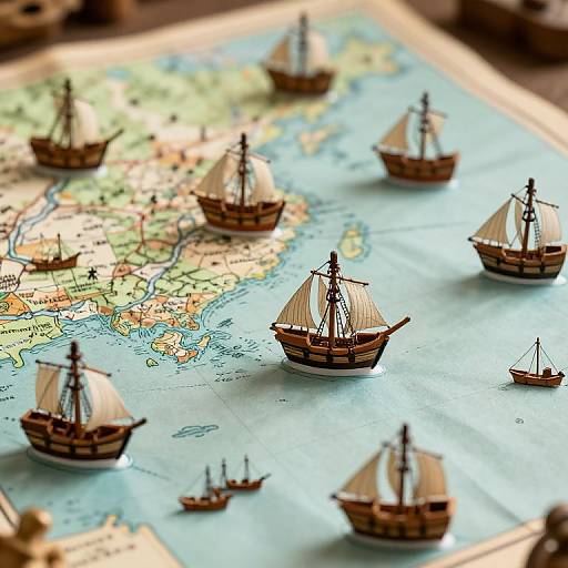 Photograph of wooden sailing ships on a detailed, colorful map, with a shallow depth of field highlighting the ships in the foreground.