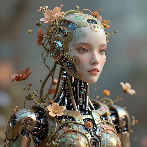 Futuristic Humanoid Robot with Flowers