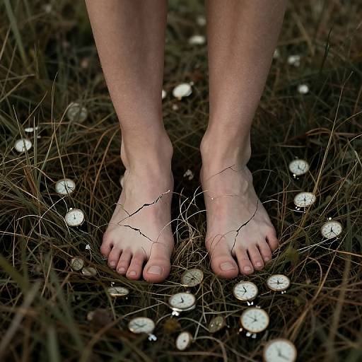 Photograph of pale, bare feet standing on dark, grassy ground with scattered white, circular, bioluminescent mushrooms around them.