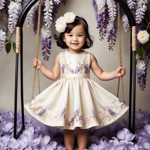 Smiling toddler girl in floral dress on swing